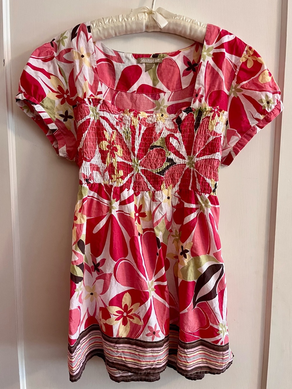 jeanstar Pink and Red Floral Cotton Square Neck Baby Doll Blouse Top Striped Hem
